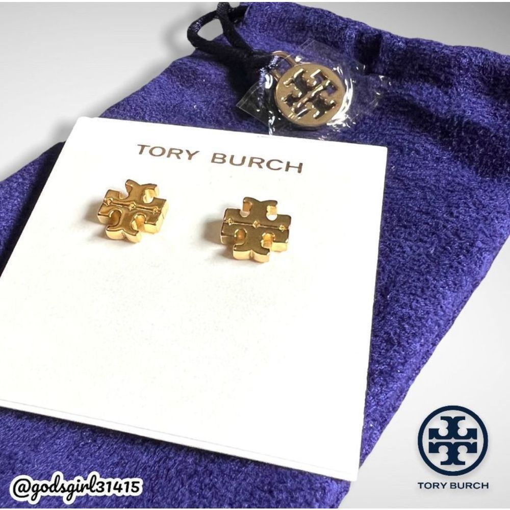 NWT Tory Burch 18K Gold Plated Kira Logo Stud Earrings & Dust Bag $78 - Picture 9 of 12